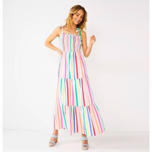 Women's draper James rsvp Tiered Maxi Dress Bow Straps rainbow smocked large